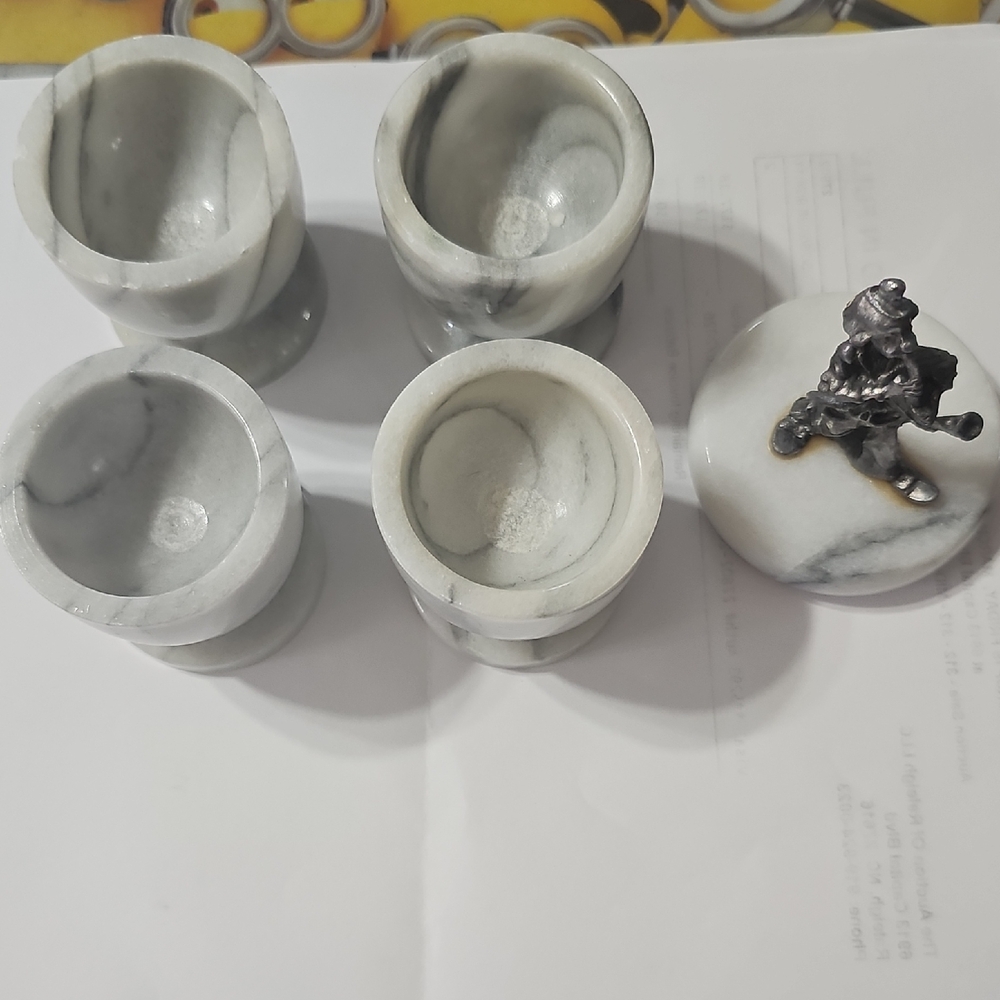 MARBLE White and Gray Veined Vintage Marble Egg Cup Set with Decorative Lid